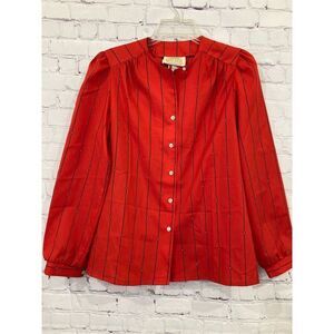 Vintage Lady Arrow Mistique Womens Medium Button Front Blouse Red Silky Stripe